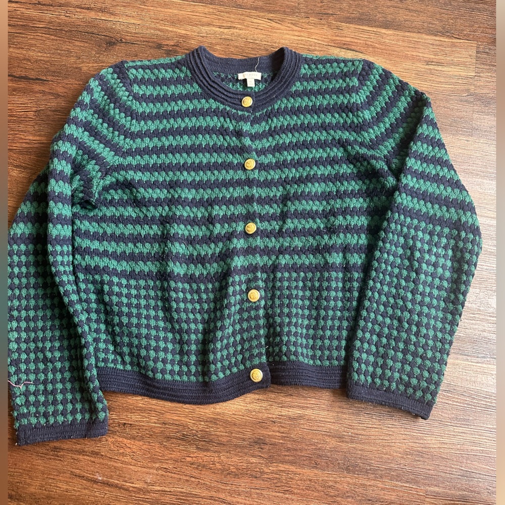 XL Talbots Green and Navy Striped Sweater Gold Buttons